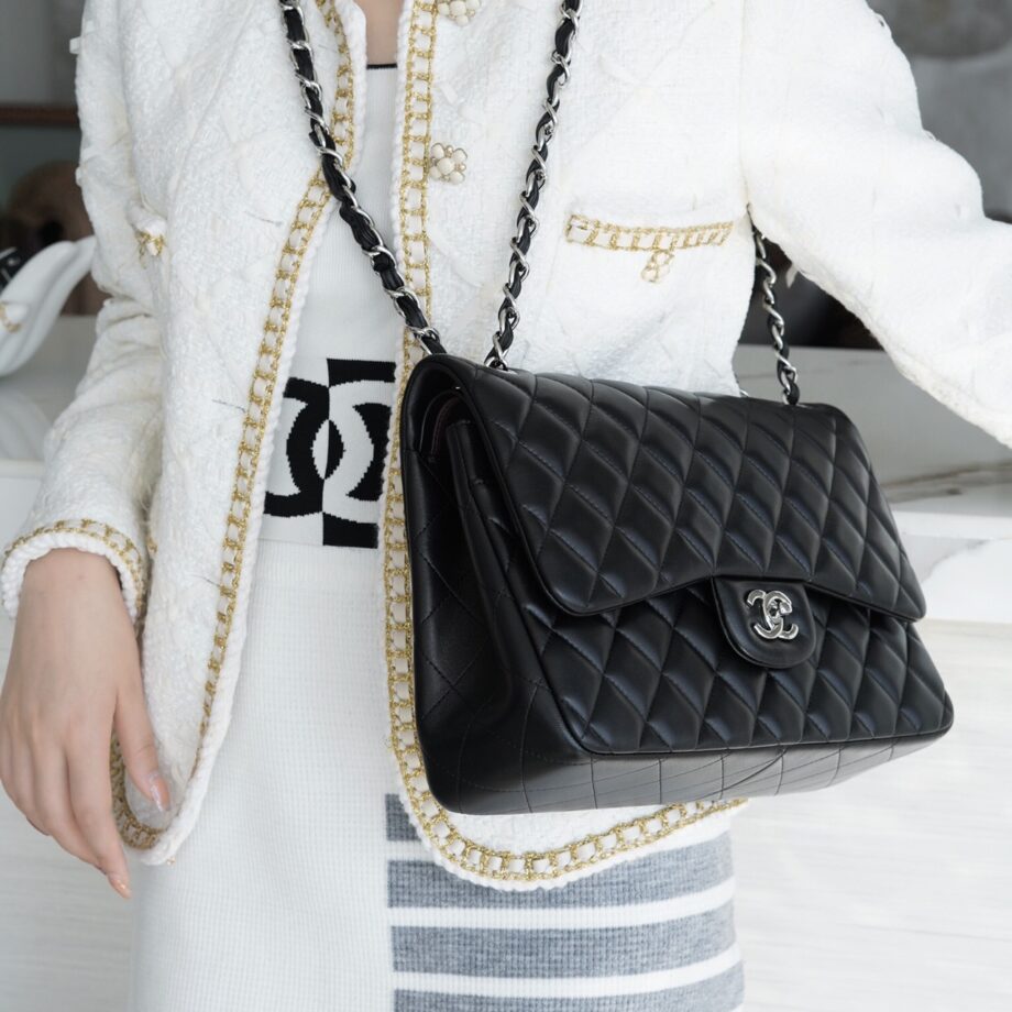 Chanel Black & Silver Hardware Italian Gaiera Lambskin Large Classic Handbag