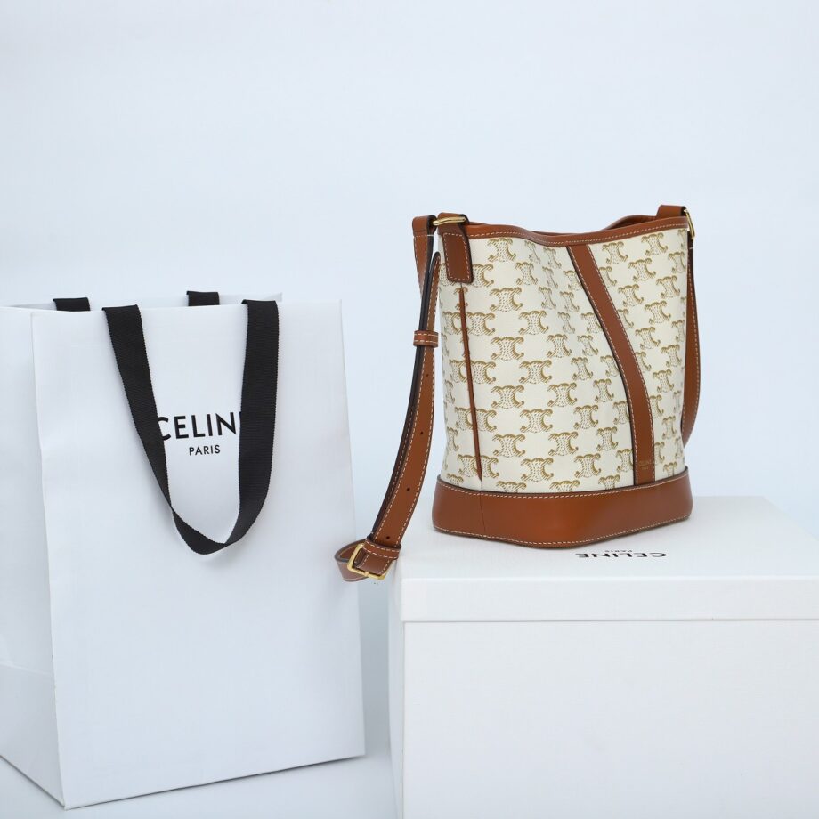 celine 191442 white small bucket in triomphe canvas and calfskin