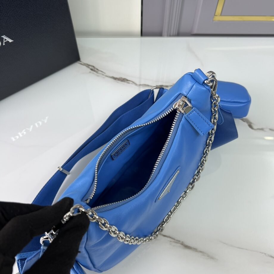 PRADA 1BH204 Blue Sheepskin Hobo Bag