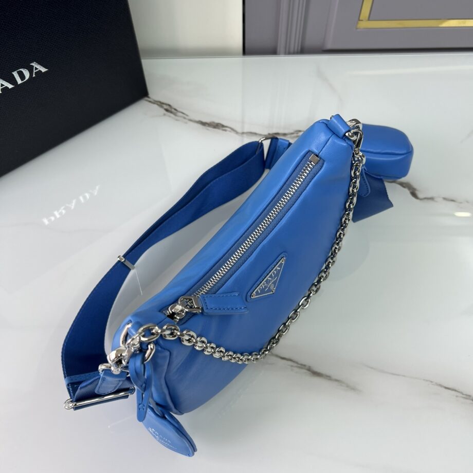 PRADA 1BH204 Blue Sheepskin Hobo Bag