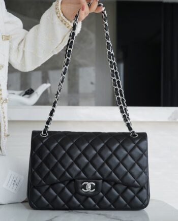 Chanel Black & Silver Hardware Italian Gaiera Lambskin Large Classic Handbag