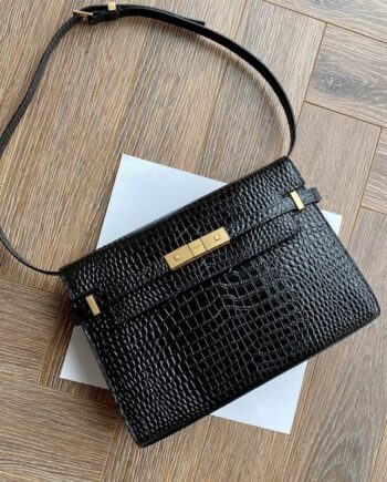 ysl manhattan shoulder bag in crocodile-embossed shiny leather