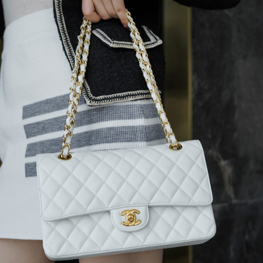 Chanel White & Gold Hardware Italian Cowhide Classic Handbag