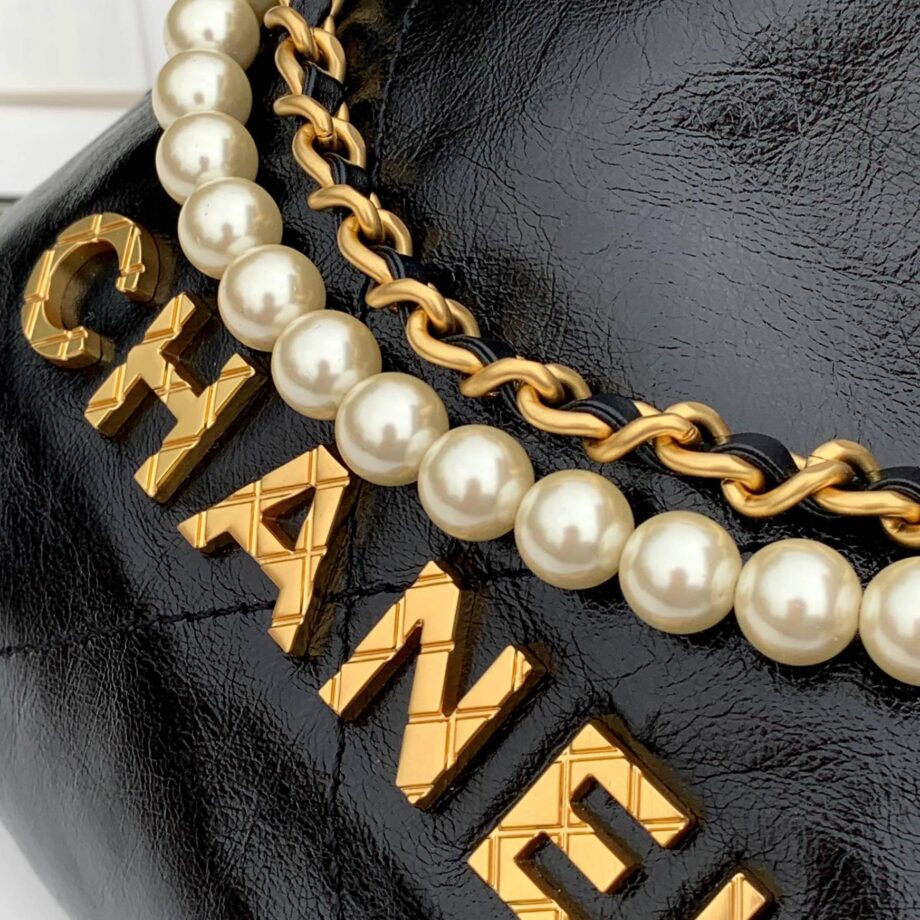 Chanel AS3980 Mini Black Pearl Shiny Crumpled Calfskin & Gold-Tone Metal Chanel 22 Mini Handbag