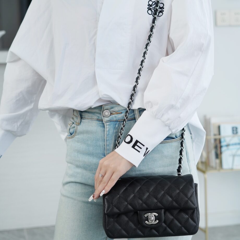 Chanel Black & Silver Hardware French Imported Grained Calf Leather Mini Classic Handbag