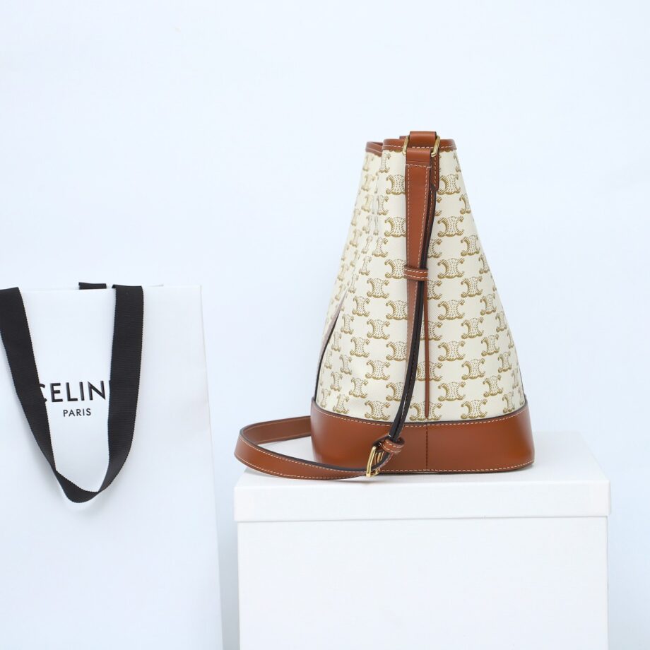 celine 191132 white medium bucket in triomphe canvas and calfskin