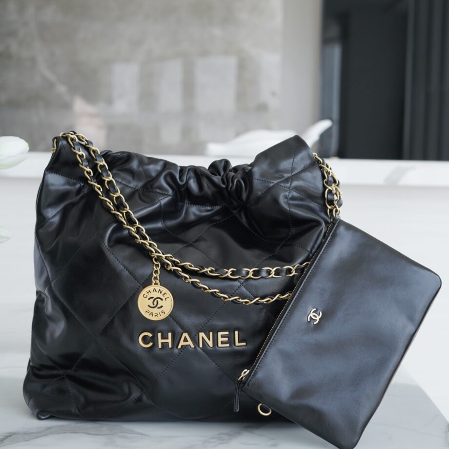 Chanel AS3261 Medium Black Shiny Calfskin & Gold-Tone Metal Chanel 22 Small Handbag