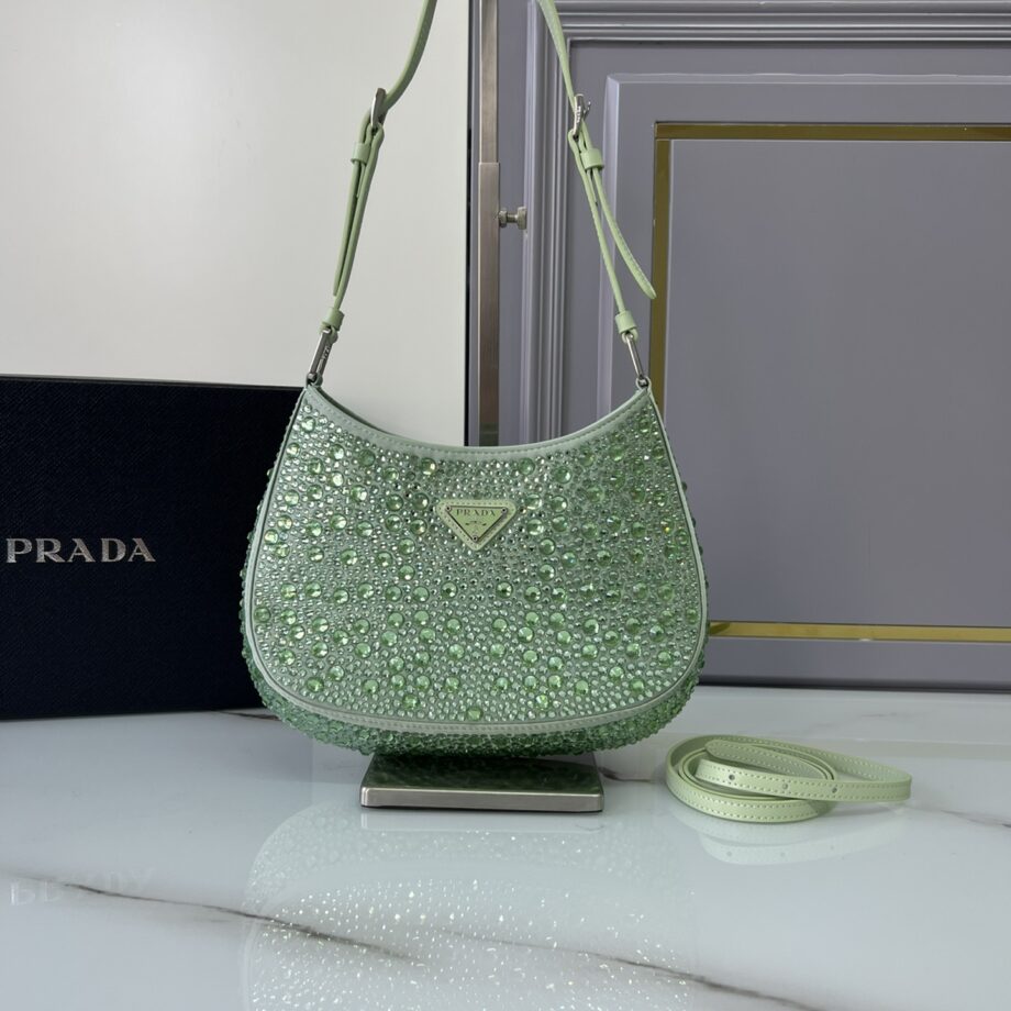 PRADA 1BC169 Green Cleo Satin Bag With Crystals