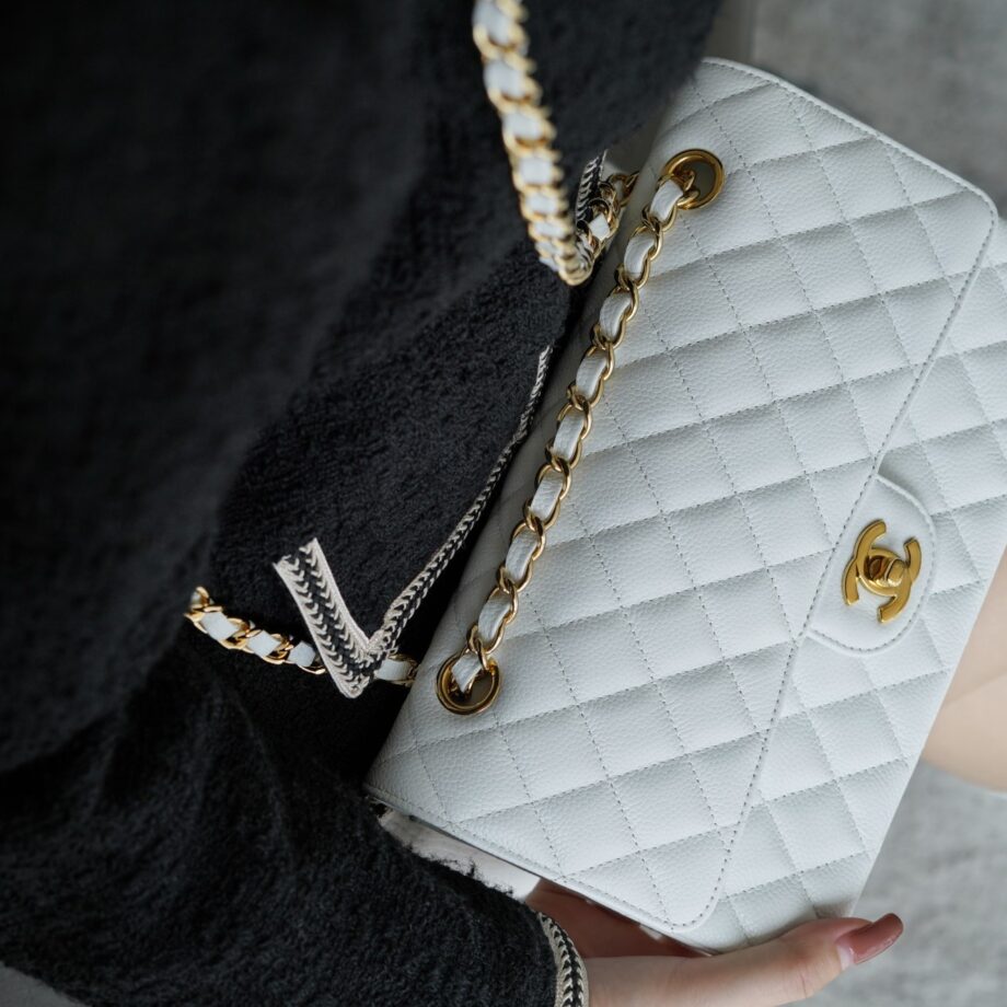 Chanel White & Gold Hardware Italian Cowhide Classic Handbag