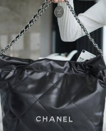 Chanel AS3260 Small Black Shiny Calfskin & Silver-Tone Metal Metal Chanel 22 Small Handbag