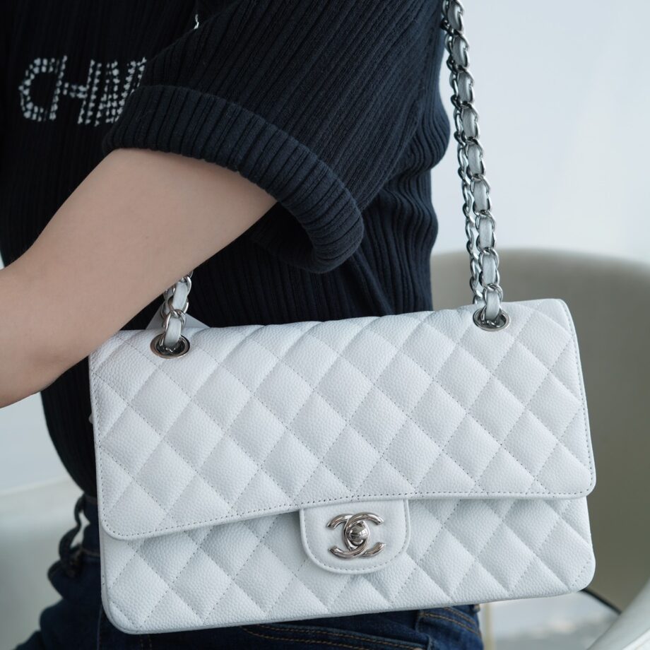 Chanel White & Silver Hardware Italian Cowhide Classic Handbag