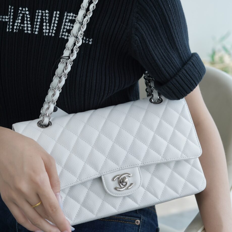 Chanel White & Silver Hardware Italian Cowhide Classic Handbag