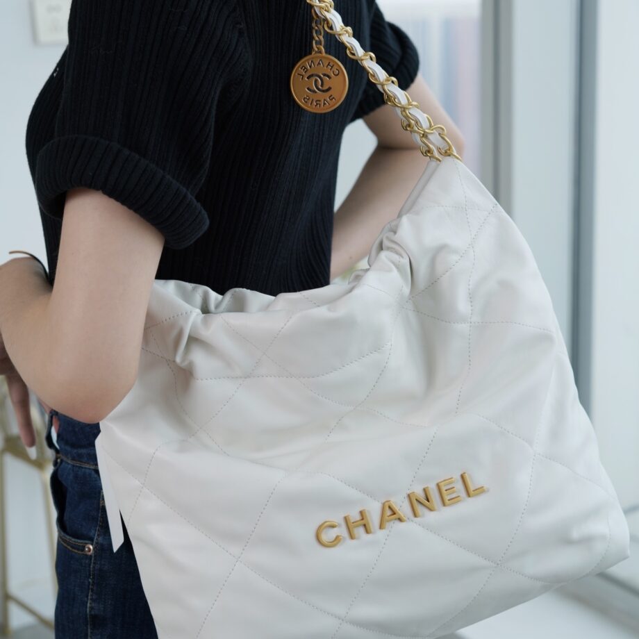 Chanel AS3260 Small White Shiny Calfskin & Gold-Tone Metal Chanel 22 Small Handbag