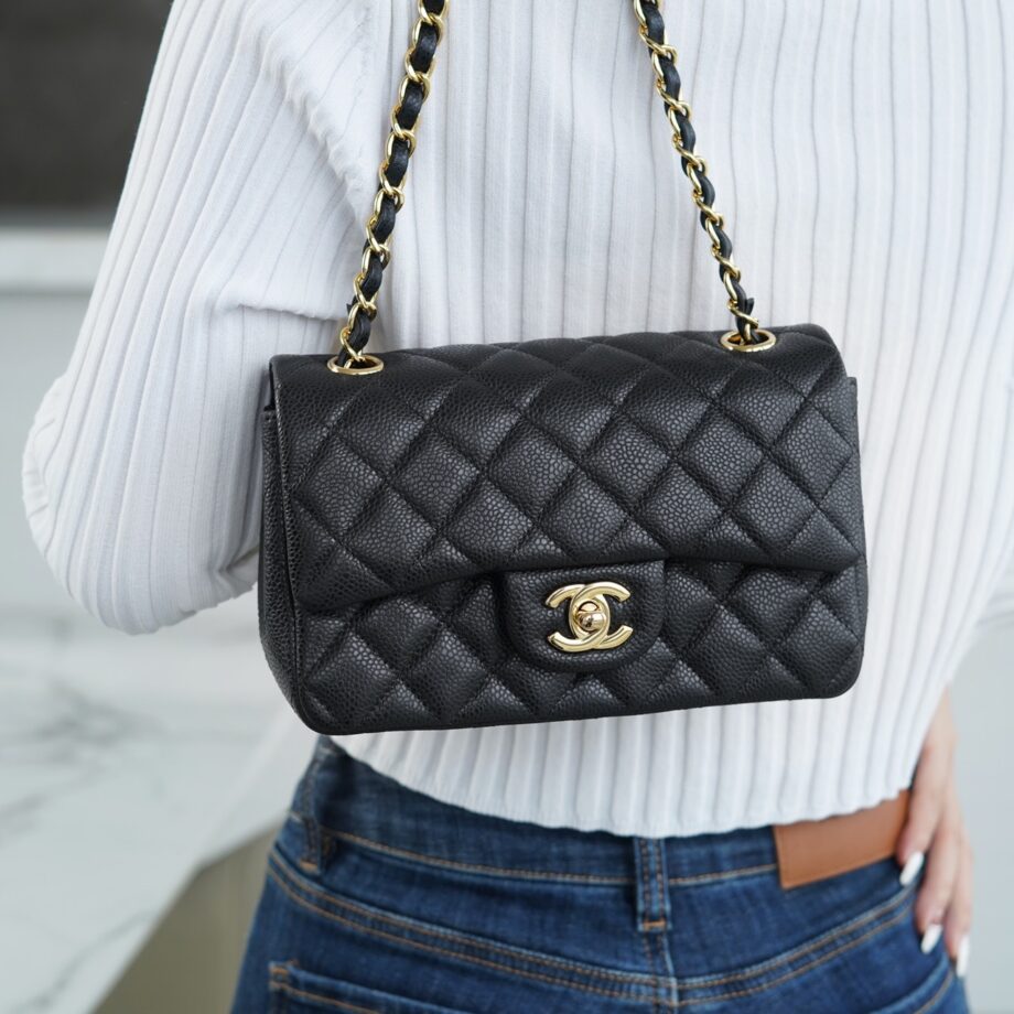 Chanel Black & Gold Hardware French Imported Grained Calf Leather Mini Classic Handbag