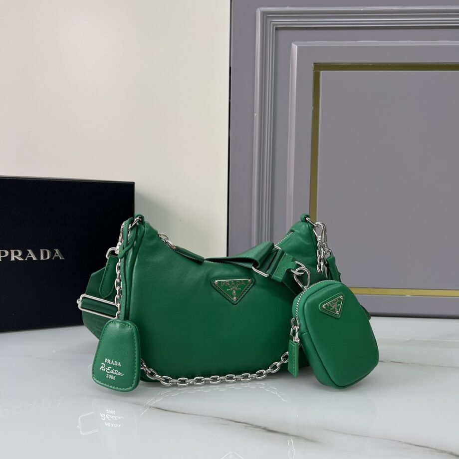 PRADA 1BH204 Green Sheepskin Hobo Bag