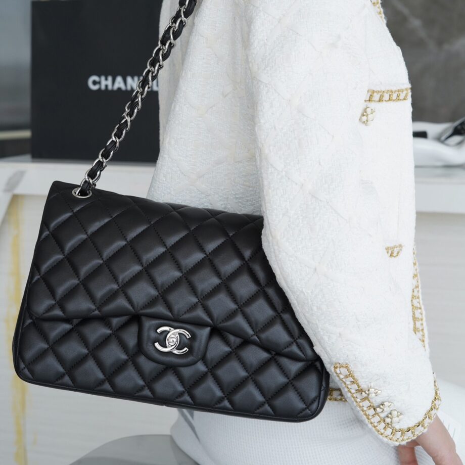 Chanel Black & Silver Hardware Italian Gaiera Lambskin Large Classic Handbag