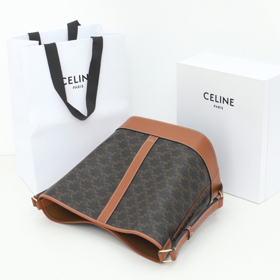 celine 191132 tan medium bucket in triomphe canvas and calfskin