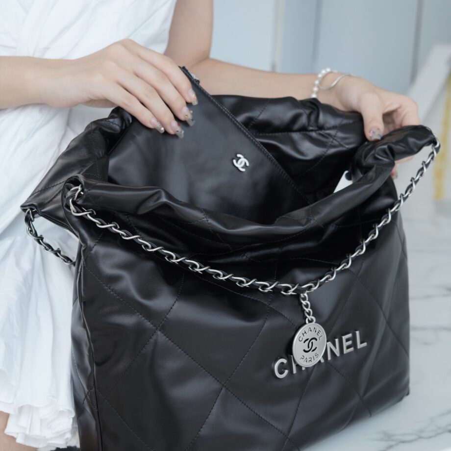 Chanel AS3261 Medium Black Shiny Calfskin & Silver-Tone Metal Chanel 22 Small Handbag