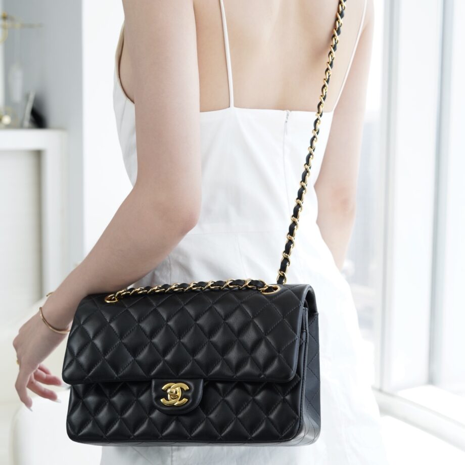 Chanel Black & Gold Hardware Italian Gaiera Lambskin Classic Handbag