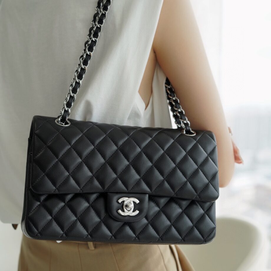 Chanel Black & Silver Hardware Italian Gaiera Lambskin Classic Handbag