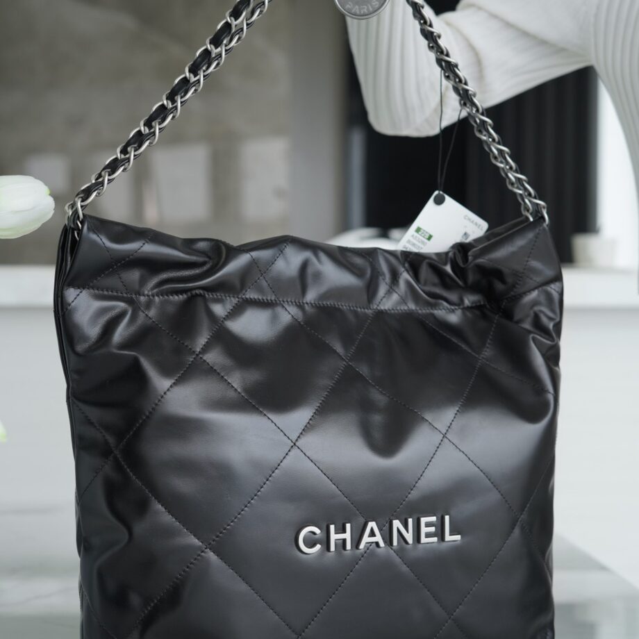 Chanel AS3260 Small Black Shiny Calfskin & Silver-Tone Metal Metal Chanel 22 Small Handbag