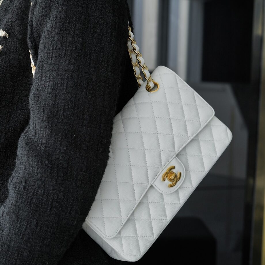 Chanel White & Gold Hardware Italian Cowhide Classic Handbag