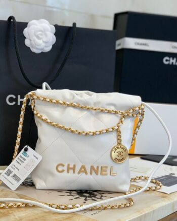 Chanel AS3980 Mini White Shiny Calfskin & Gold-Tone Metal Chanel 22 Mini Handbag