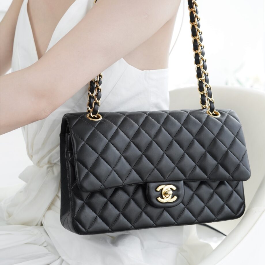 Chanel Black & Gold Hardware Italian Gaiera Lambskin Classic Handbag