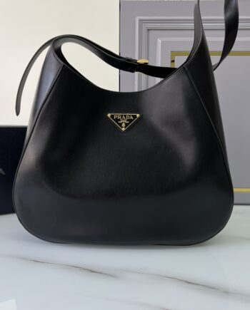 PRADA 1BC181 Black Large Leather Shoulder Bag With Topstitching