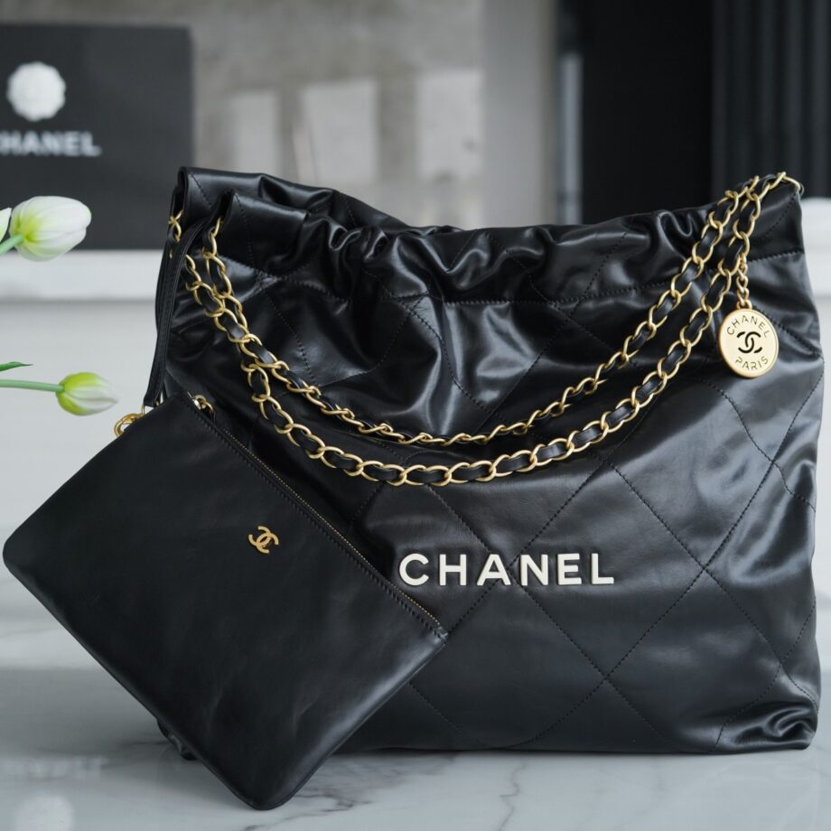 Chanel AS3261 Medium Black Shiny Calfskin & Gold-Tone Metal Chanel 22 Handbag