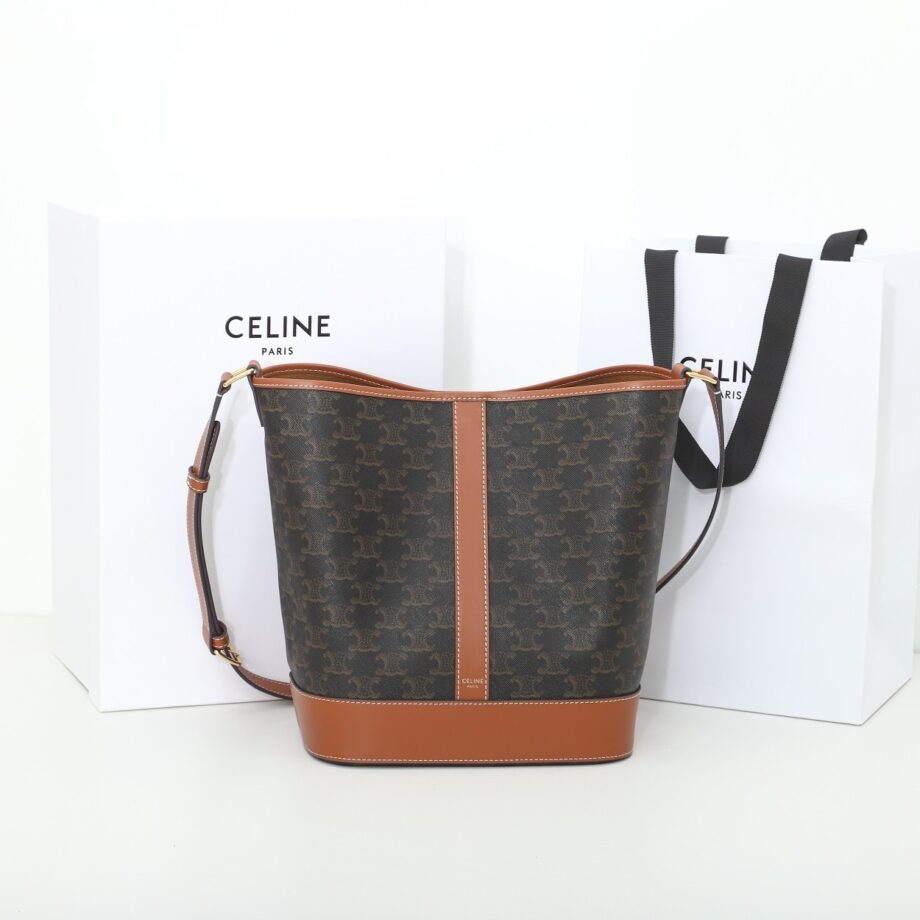 celine 191132 tan medium bucket in triomphe canvas and calfskin