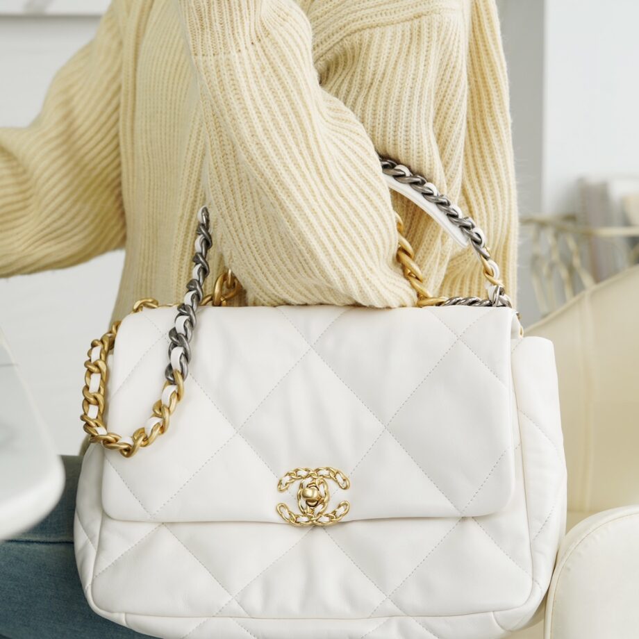 Chanel White & Gold Hardware Italian Gaiera Lambskin 19 Large Handbag