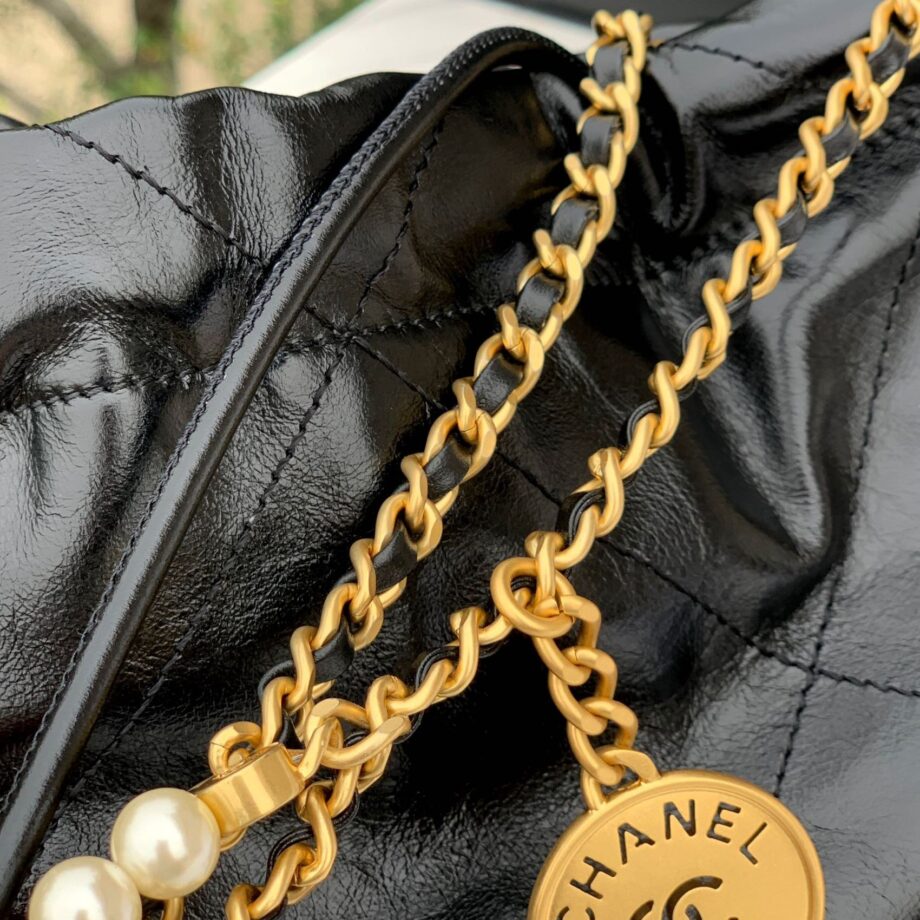 Chanel AS3980 Mini Black Pearl Shiny Crumpled Calfskin & Gold-Tone Metal Chanel 22 Mini Handbag