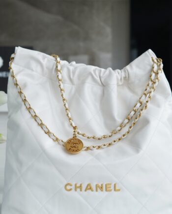 Chanel AS3262 Large White Shiny Calfskin & Gold-Tone Metal Chanel 22 Large Handbag