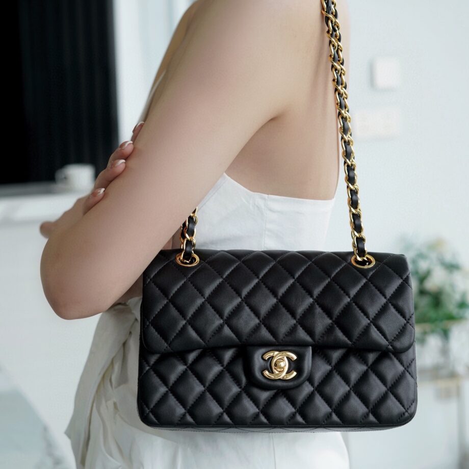 Chanel Black & Gold Hardware Italian Gaiera Lambskin Small Classic Handbag