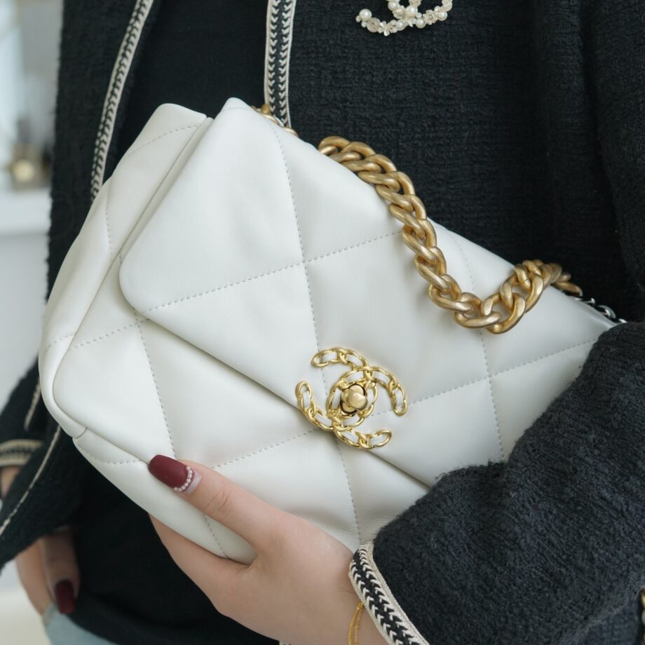 Chanel White Italian Imported Lambskin 19 Handbag