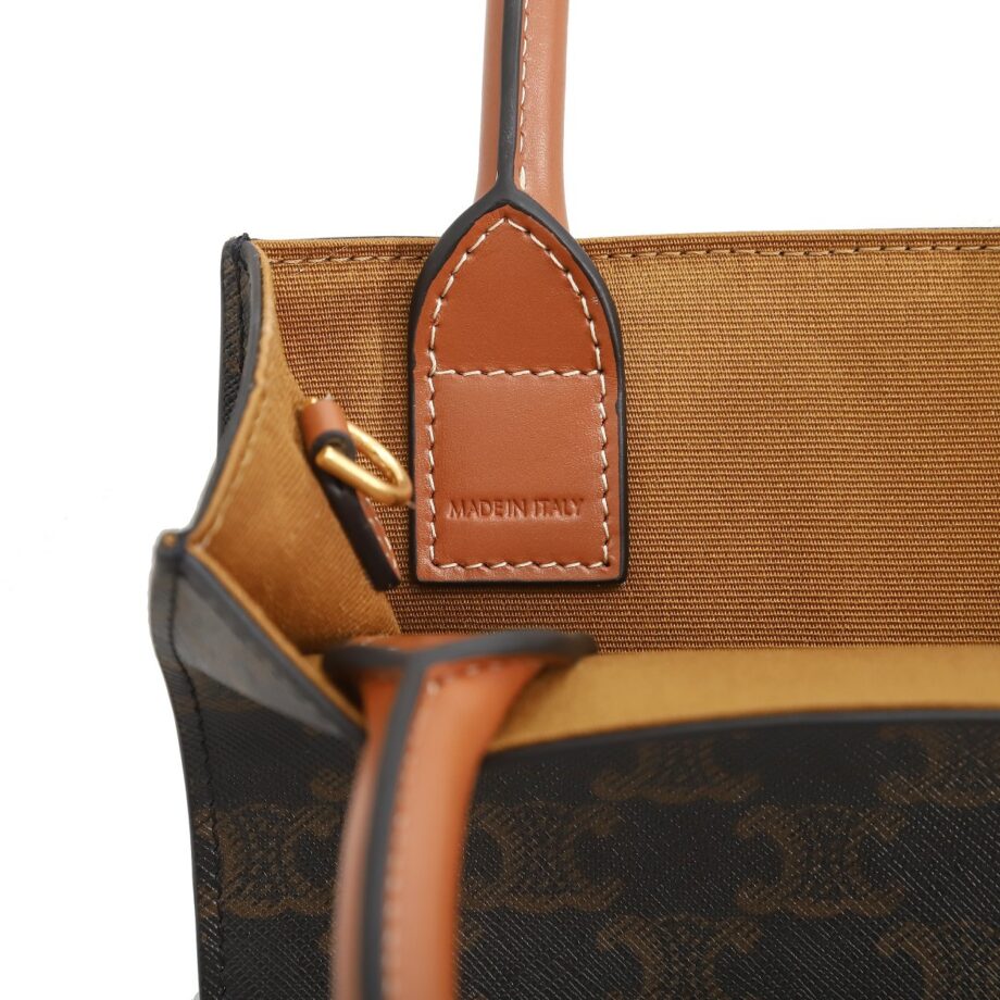 celine 194372 brown handle small cabas vertical in triomphe canvas and calfskin